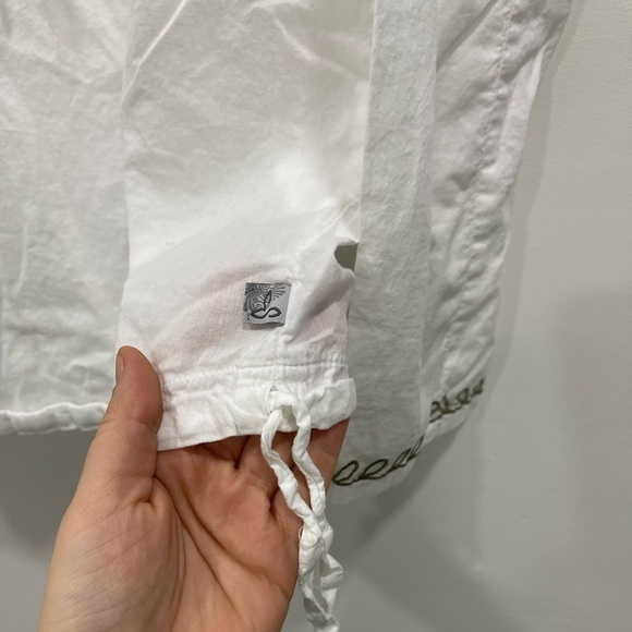 Prana Embroidered Split Neck Lagenlook Top Drawstring Trim Ivory Large Cotton - Picture 5 of 8